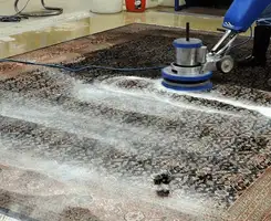 Professional rug cleaning with a rotary floor machine and shampoo foam, deep-cleaning an area rug, in Kansas City, MO.